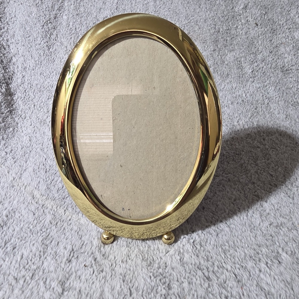 Vintage 80s 90s Solid Brass Mini Oval Footed Picture Frame